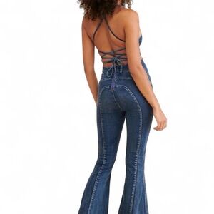 Urban Outfitters Blue Denim Jumpsuit with Purple Trim